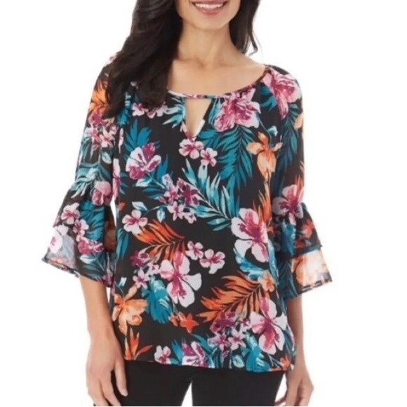Apt 9 black layered flounce sleeve tropical floral top size small - Picture 1 of 6